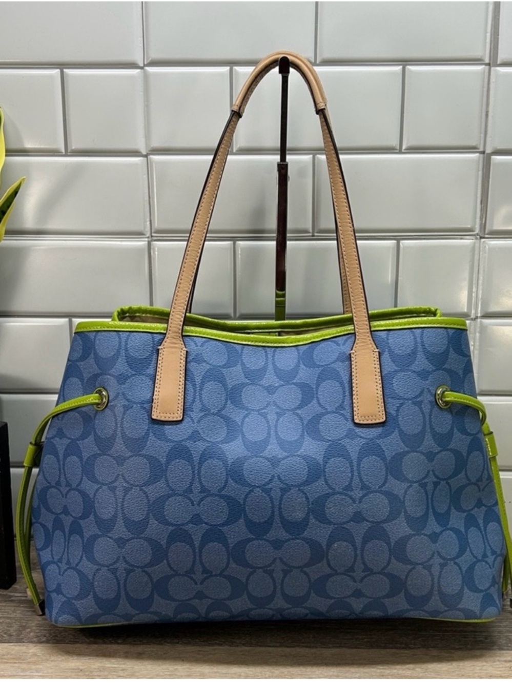 Coach Blue Signature Tote with Lime Center Stripe and Beige Trim - Picture 2 of 14